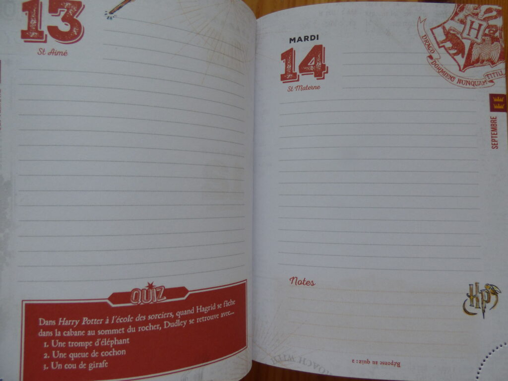 Agendas Harry Potter, page de septembre